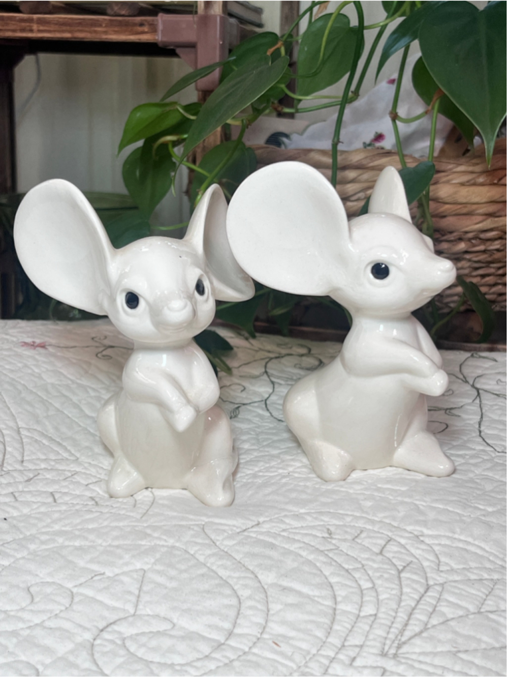 Vintage D.I.S. White Ceramic Mouse Figurines - Set of 2 Glossy Sculptures 4.5"
